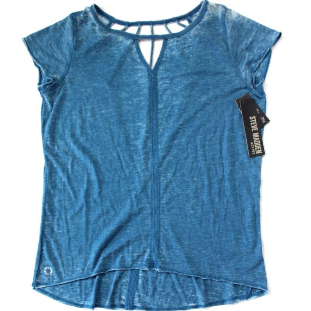 Steve Madden Faded Deep Tide Blue Strappy Cutout Back Distressed Tee Shirt